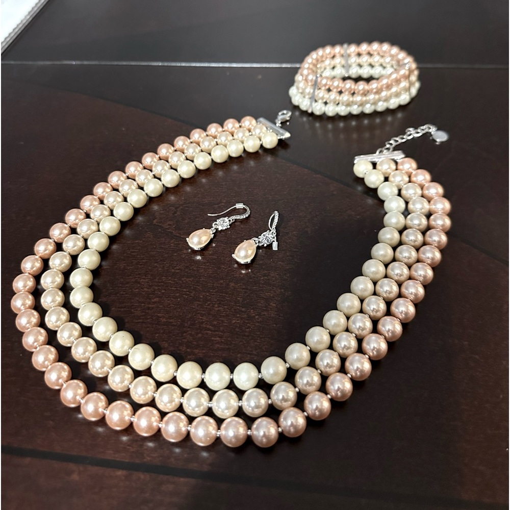 Faux Pearl Necklace, Bracelet & Earrings